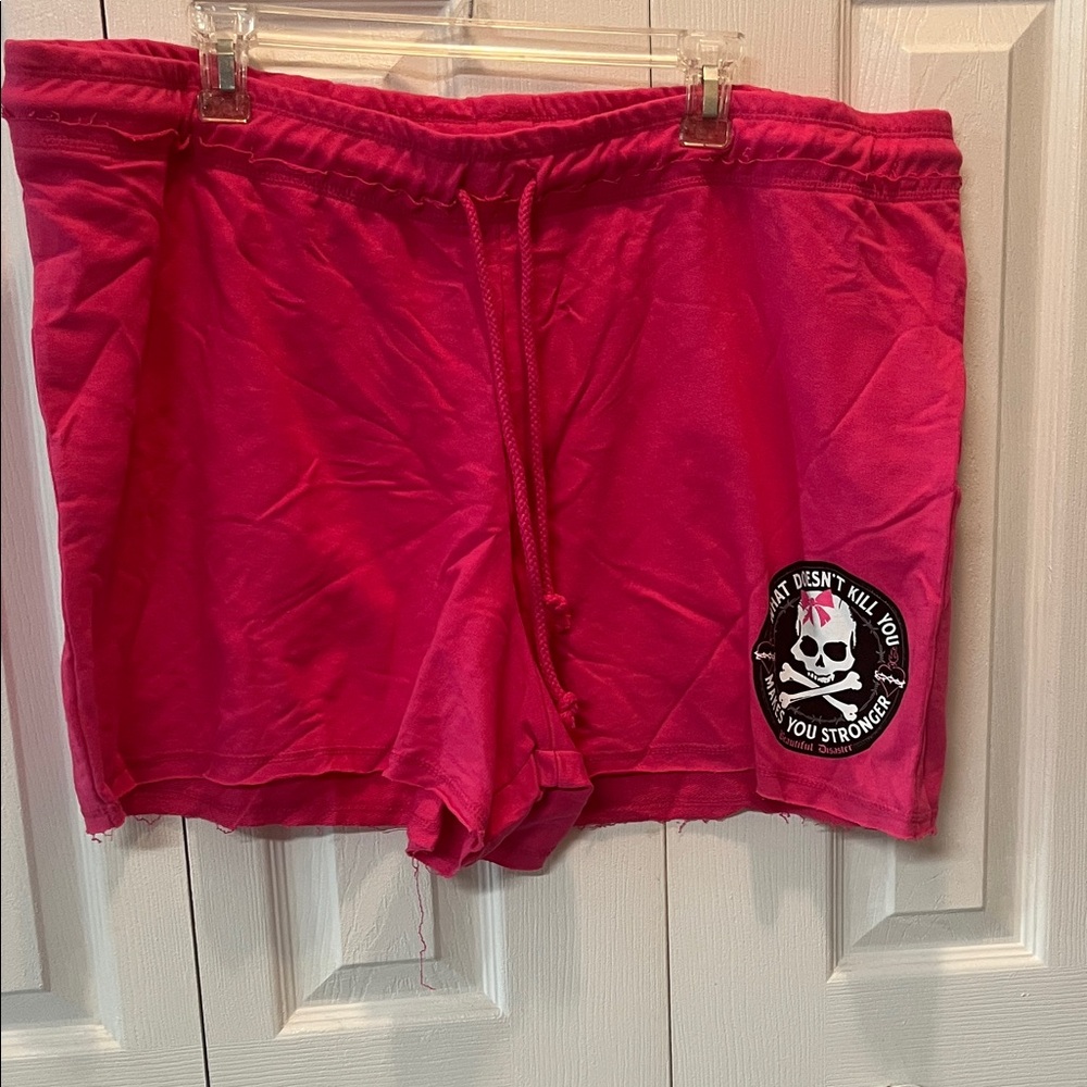 Women’s Hot Pink Drawstring Athletic Shorts with Skull Patch Accent